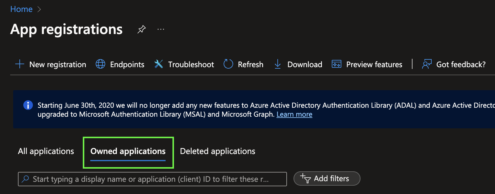 The Owned Applications tab in the Azure Portal App registrations view