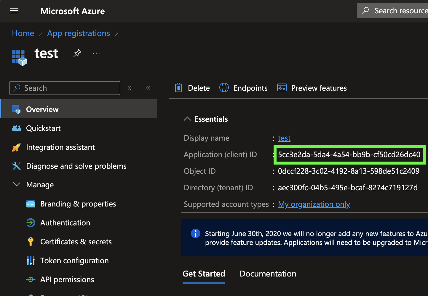 Showing the client_id on an app registration