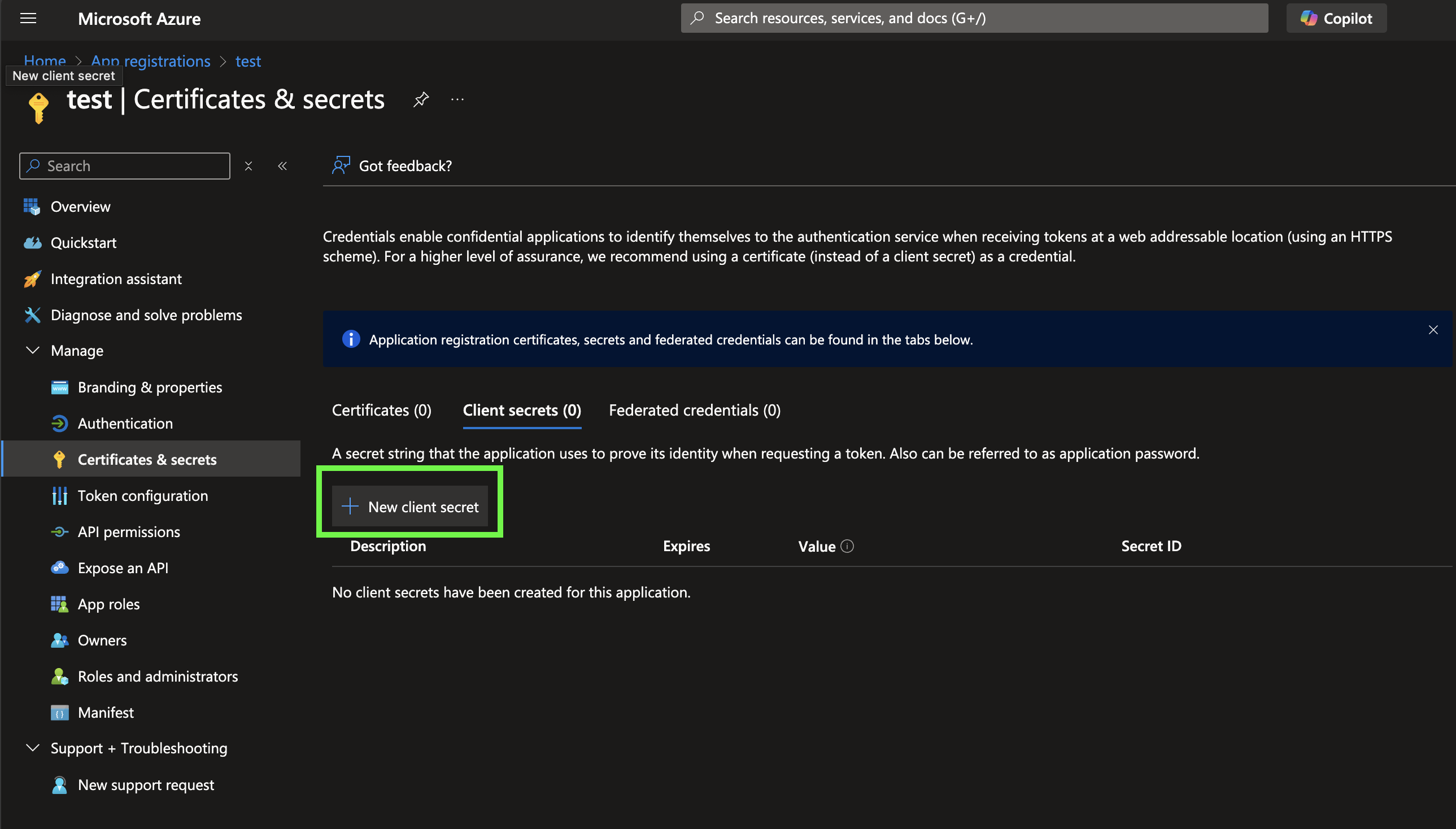 Showing the New client secret button on an app registration