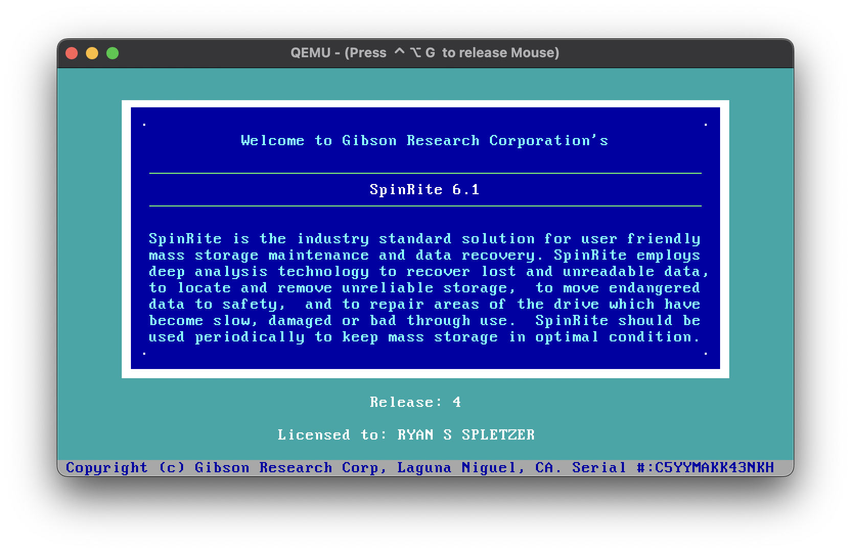 SpinRite running on macOS under QEMU